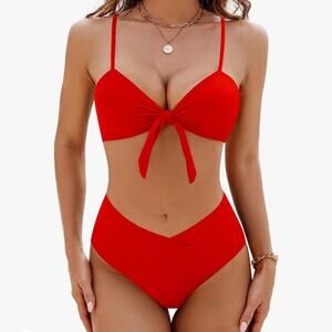 NEW Womens Red two Piece Bikini Swimsuit High Wasted Bathing Suit Sz S Swimwear